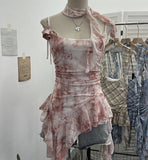 Real Shooting Retro Tie-Dye-Print Mesh Sling Sling Sling Vest Irregular Lotus Leaf Edge Ribbon Sleeveless Top 1185