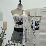 Real Shot Lace Spliced Leopard Hanging Neck Sling Waistcoat With Bra Pad Hottie Short Sleeveless Top 8108