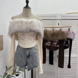 Real Shot Removable Hairy Collar Shoulder Long-Sleeved T-Shirt Repair Body-Wearing Short Thai Tie Top 1370