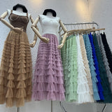 Lotus-Leaf Yarn Skirt Fairy Dress Girl 2025 Summer Slim Dress High-Waist A-Shaped Mesh Cake Skirt