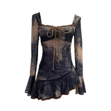 Spring And Summer New French Style Tie Dyed Horn Long-Sleeved Lace Side Design T-Shirt 9980