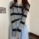 Crash Striped Semi-Zip Polo Collar Knitted Shirt Girl Spring And Autumn And Winter Loose Lazy Wind Outside Long-Sleeved Sweater Coat