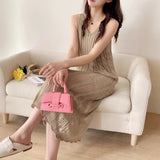 Real Shooting Korean V-Neck Knitted Sling Dress Women's New Summer Temperament Long Vest Skirt
