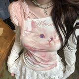 Sweet Hottie Pure Want To Show Shoulder Slim Lace With A Small Design Long Sleeves Inclined Shoulders Thin Bottom T-Shirt