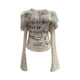 Real Shot Hair Collar Print Shoulder Horn Long-Sleeved T-Shirt Repair Short Picties Shoulder Grinding Top 1368