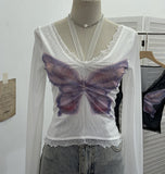 Solid Shot Micro-Permeable Mesh Butterfly Print Splicing Lace Hanging Neck Horn Long-Sleeved T-Shirt Repair Short Top 1286