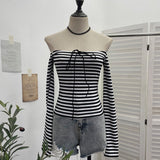 Real Shooting Design With A Word Shoulder Striped Strapped T-Shirt For Women's Spring Long-Sleeved And Shoulder-To-Shoulder Short-Sized Top 8026