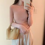 Threaded Slimmed Head Bottom Knitted Shirt Women Autumn 2025 New Round Collar With Shoulder Long Sleeve Top