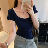 Lyselle Silk Wool Thin Pure Windy Pink U Collar Shoulder Short-Sleeved T-Shirt Women 2025 New Beautiful Top