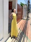 French Temperament V-Neck Yellow Lattice Waist-Skin-Skin-Hanging Neck Dress Thai Seaside Tourism Holiday Dress Woman