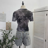 Real Shooting Guangzhou Women's Clothing Dizz-Dyed Net Yarn Splicing Edge To Make Old Denim Short-Sleeved T-Shirt Top 26171