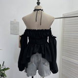 Han Jie Pure Want To Hang The Neck With A Word Shoulder Long Sleeve Blouse Folded Short Chiffon Shirt Female 9635
