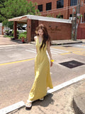 French Temperament V-Neck Yellow Lattice Waist-Skin-Skin-Hanging Neck Dress Thai Seaside Tourism Holiday Dress Woman