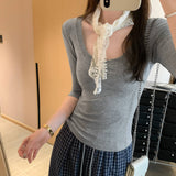 Lyselle Tians Summer Commute Beautiful Black U-Neck Middle-Sleeved T-Shirt Woman 2025 New Unique Beautiful Little Top