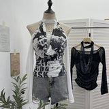 Vintage Hottie Hanging Neck A Word Shoulder Collar Long Sleeve Mesh Yarn T-Shirt 1331