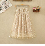 Heavy Industry Embroidery Net Yarn Half-Dress Woman Summer New High-Rise Thin Shiny Leaf Lint Leaf Embroidery A Letter Dress