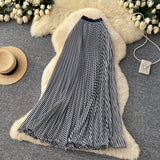 Striped Half-Dress Women 2026 New Tight Waist Hanging Long Skirt Wave Hem Swing 100 Folds Skirt
