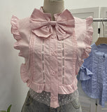 Real Shot Pink Bow Sweet Lotus Leaf Edge Sleeveless Top On The Side Of The Splicing Mesh Screen See-Through Sexy Shirt 2855
