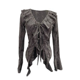 Dark Wind To Make Old Hole Horn Long Sleeve Open Shirt Tie With Lotus Leaf Side V Collar Sunscreen Shirt 9280