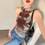 2025 Millennium Hottie Printed Hanging Neck Sling Vest Woman Summer Wearing Sleeveless Short Blouse