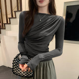 Lyselle Tian Silk Wool Is A Huge Look Folded Round Collar Long-Sleeved T-Shirt For The Fall Of The New Blouse