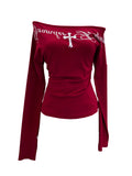 Vintage Cross Letter Print Slanted Shoulder Long-Sleeved T-Shirt T-Shirt Repair Babes Top 1633