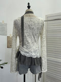 Real Shooting Two Collar Hanging Neck Ribbon Two Long-Sleeved T-Shirt Lace Splicing Chiffon Drawstring T-Shirt 1180