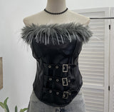 Real Shooting Retro Pu Skin Spliced Hair Bra Bra Strap Chest Punk Hottie Skin Buckle Waist Short Top 2781