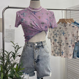 Real Shooting Retro Tie-Dye Double-Layer Mesh Half-High-Neck Short-Sleeved T-Shirt T-Shirt Short-Sleeved T-Shirted Woman 8833