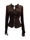 Real Shooting Retro Texture V Tie With Bubble Long Sleeves To Close Waist Folded Shirt Single Buckle Repair Body 23775