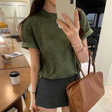 Vintage Sen Loose Army Green Short-Sleeved T-Shirt Women 2025 Summer New Korean Unique Beautiful Top