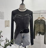 Design Feel Niche Cowboy Splicing Long-Sleeved Mesh T-Shirt Girl Summer Round Collar Dress Short Top 2617