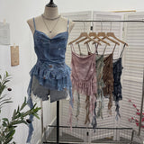 Real Shoot Spice Girl Swing Network Yarn Print Sling Vest Retivating Lotus Leaf Side Ribbon Short Top 1210