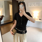 Korean Beautiful Design V-Neck Loose Short-Sleeved T-Shirt Women's Summer 2026 New Non-Bollision Slim Top