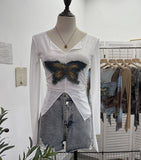Real Shooting Pure Sexful V-Neck Umbilly T-Shirt Female Hairy Denim Butterfly Embroidered Mesh Yarn Long Sleeve Top 9996