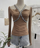 Real Shooting Heavy Industry Drill Hanging Neck With A Word Shoulder Long-Sleeved Top Repair Slim Short-Bottomed T-Shirt