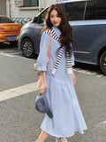 Design-Sensitive Shirt Blue Dress Women Irregular Korean Version Of The French Style Casual Loose Fashion Dress