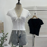 Pure-Wanted Lace Side Lace With Bow V-Neck Short-Sleeved T-Shirt T-Shirt T-Shirt Short-Sleeved Body Dress 6006