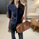 2026 Early Spring Shopping Mall V-Neck Short-Sleeved Knitted Shirt Women's Spring And Summer Temperament Autumn Harvest Waist Thin Short-Sized Belt