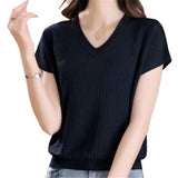 2026 Summer Loose New V-Neck Stripe Simple Short-Sleeved Knitted Shirt Women Large Size Thin Leisure