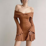 Spice Girls Pure Lust Wind Shoulder Cross Long-Sleeved Dress Women Autumn And Winter New Dress Waist A Word Outside Wearing Short Skirt