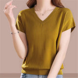 2026 Summer Loose New V-Neck Stripe Simple Short-Sleeved Knitted Shirt Women Large Size Thin Leisure
