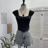 Real Clapping Collarbone Shoulder T-Shirt Women's Summer Mesh Spliced Denim Repair Short Sling Sling Vest 19051