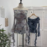 Dizzling Printing Double-Layer Mesh Folded T-Shirt Horn Long Sleeve Ribbon Lotus Leaf Edge T-Shirt 1567