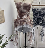 Dizzly Dyed Mesh Printing With Anti-Slip Striped Chest Vest Splicing Lace Irregular Ribbon Belt 7231