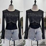 Vintage Spice Girls Stomee Net Yarn Sexy Perspective Drawstring Long-Sleeved T-Shirt Top 2630