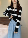 Crash Striped Semi-Zip Polo Collar Knitted Shirt Girl Spring And Autumn And Winter Loose Lazy Wind Outside Long-Sleeved Sweater Coat