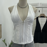 Real Shot With Chest Pad Hanging Neck Sling Sling Zipper Open Shirt Low Breast Sexy Hot Girl Short Top 2810