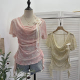 Hanging Neck Tie Fake Two Short-Sleeved T-Shirt Three-Dimensional Flower Folding Irregular Lotus Leaf Side Top Lady 1203