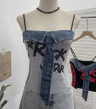 Real Shooting Denim Spliced Print Tie Sling Sling Waist Wearing Hot Girl Bra Short Sleeveless Top Lady 8930